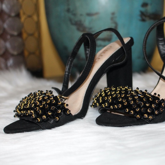 Gallery, black and gold chunky heel ankle strap shoes - Picture 1 of 8